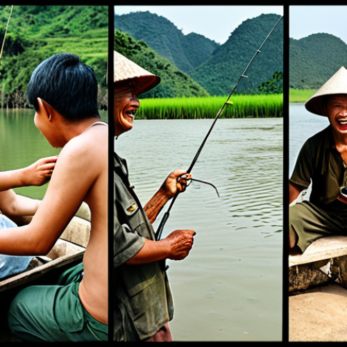 Home 9 **
A comparison showing three different types of fishing in Vietnam: recreational fishing at a service lake (with people laughing and having fun), free fishing in a river (showing someone checking local regulations on a phone), and commercial fishing (emphasizing responsible practices). Display this as a collage or infographic style.