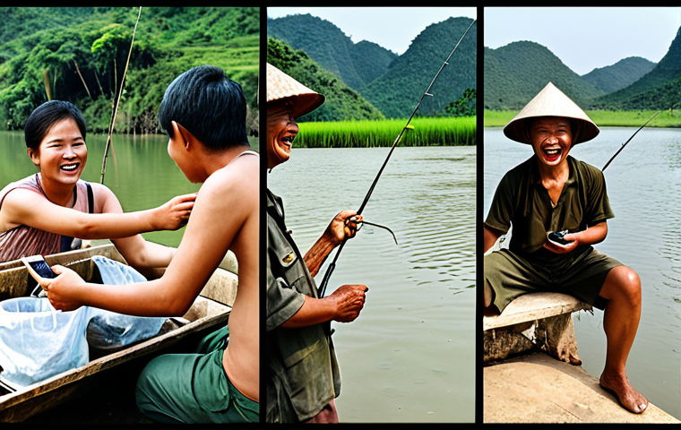 **
A comparison showing three different types of fishing in Vietnam: recreational fishing at a service lake (with people laughing and having fun), free fishing in a river (showing someone checking local regulations on a phone), and commercial fishing (emphasizing responsible practices). Display this as a collage or infographic style.