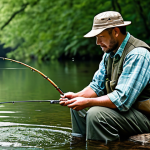 A focused male angler, dressed in modest, professional outdoor fishing attire, carefully baiting a hook with a live earthworm. The scene captures the essence of traditional fishing, set in a serene, natural river environment with lush green foliage and clear flowing water. The lighting is soft and natural, emphasizing the authentic connection to nature. Professional photography, high-resolution, sharp focus on the angler and bait. Safe for work, appropriate content, fully clothed, modest clothing, family-friendly, perfect anatomy, correct proportions, natural pose, well-formed hands, proper finger count, natural body proportions.