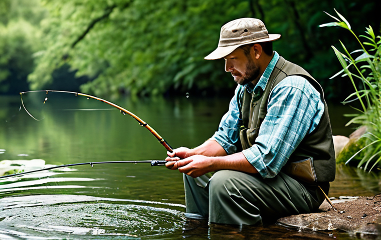 A focused male angler, dressed in modest, professional outdoor fishing attire, carefully baiting a hook with a live earthworm. The scene captures the essence of traditional fishing, set in a serene, natural river environment with lush green foliage and clear flowing water. The lighting is soft and natural, emphasizing the authentic connection to nature. Professional photography, high-resolution, sharp focus on the angler and bait. Safe for work, appropriate content, fully clothed, modest clothing, family-friendly, perfect anatomy, correct proportions, natural pose, well-formed hands, proper finger count, natural body proportions.