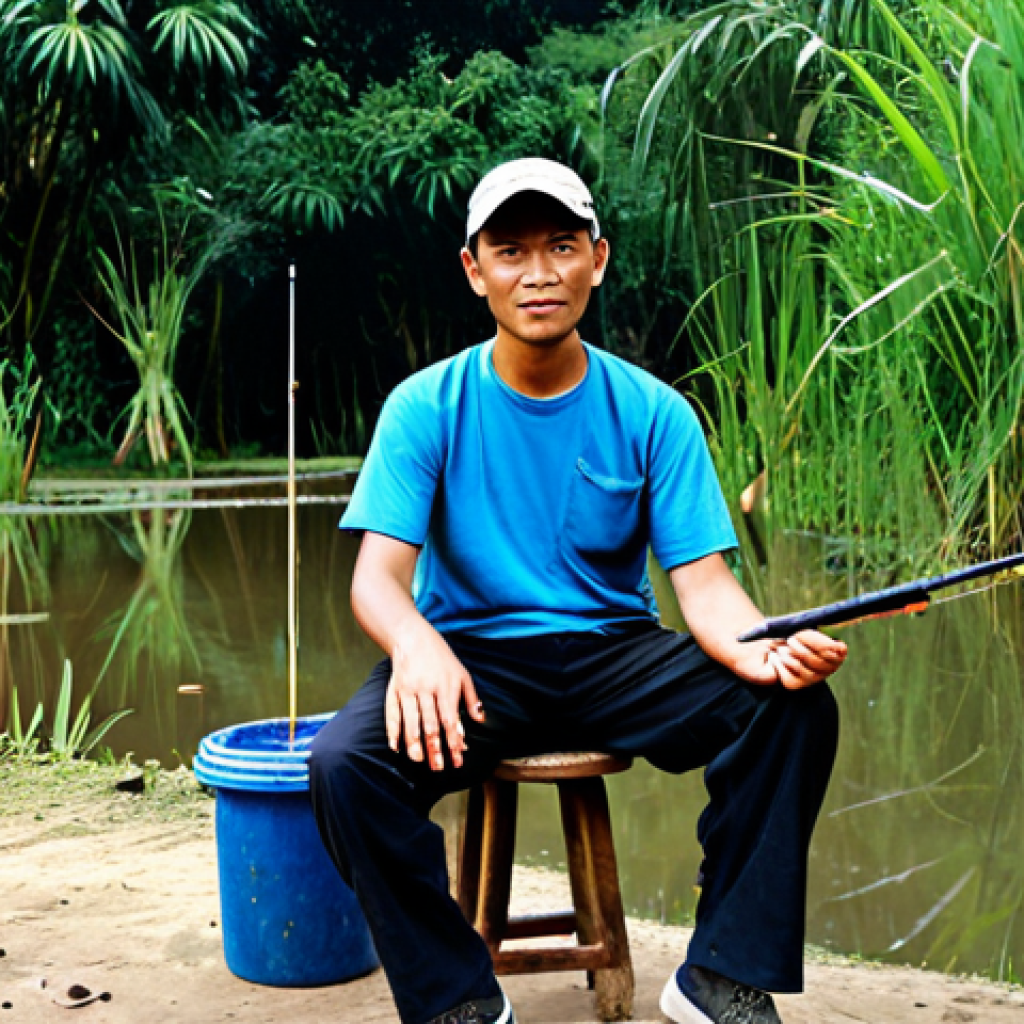 A male angler, fully clothed in a modest t-shirt and practical trousers, seated on a basic, slightly worn wooden stool at a budget fishing pond in Vietnam. The water is murky with visible scattered small litter near the unkempt bank. The background shows overgrown, unmanaged vegetation and simple, somewhat dilapidated structures. The overall atmosphere is dim and lacks vibrancy. perfect anatomy, correct proportions, natural pose, well-formed hands, proper finger count, natural body proportions, safe for work, appropriate content, fully clothed, modest, family-friendly, professional photography, high quality.
