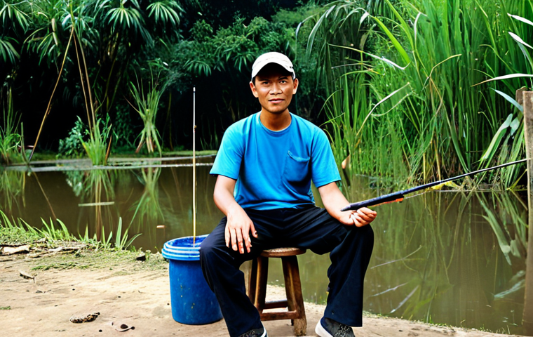 A male angler, fully clothed in a modest t-shirt and practical trousers, seated on a basic, slightly worn wooden stool at a budget fishing pond in Vietnam. The water is murky with visible scattered small litter near the unkempt bank. The background shows overgrown, unmanaged vegetation and simple, somewhat dilapidated structures. The overall atmosphere is dim and lacks vibrancy. perfect anatomy, correct proportions, natural pose, well-formed hands, proper finger count, natural body proportions, safe for work, appropriate content, fully clothed, modest, family-friendly, professional photography, high quality.