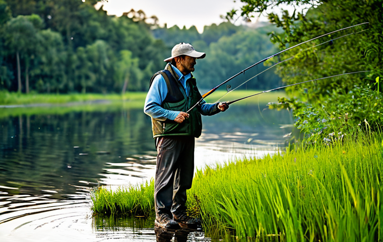 A professional male angler, fully clothed in appropriate and modest outdoor fishing attire, including a breathable shirt and fishing vest, stands at the edge of a tranquil freshwater lake. He is holding a high-quality fishing rod with a spinning reel, his posture relaxed and natural as he casts his line. The early morning light casts a gentle glow over the water, reflecting the surrounding lush green trees. The image captures a serene and focused moment of leisure. Professional photography, natural pose, perfect anatomy, correct proportions, well-formed hands, proper finger count, natural body proportions, high resolution, realistic, vibrant colors, safe for work, appropriate content, fully clothed, family-friendly.