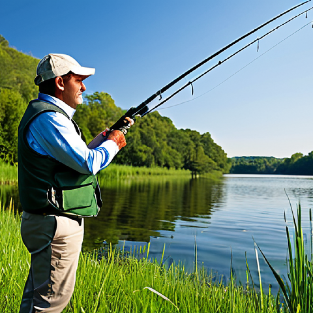 A professional angler, fully clothed in modest and appropriate fishing attire including a long-sleeved shirt and a fishing vest, standing on the serene green banks of a calm river or lake. The angler is gracefully casting a high-quality fishing rod. The background features lush, natural scenery with clear water reflecting the sky, evoking a peaceful atmosphere. The image emphasizes professional photography, ultra-realistic detail, sharp focus, and natural lighting. This is safe for work, appropriate content, fully clothed, modest, with perfect anatomy, correct proportions, a natural pose, well-formed hands, proper finger count, and natural body proportions.