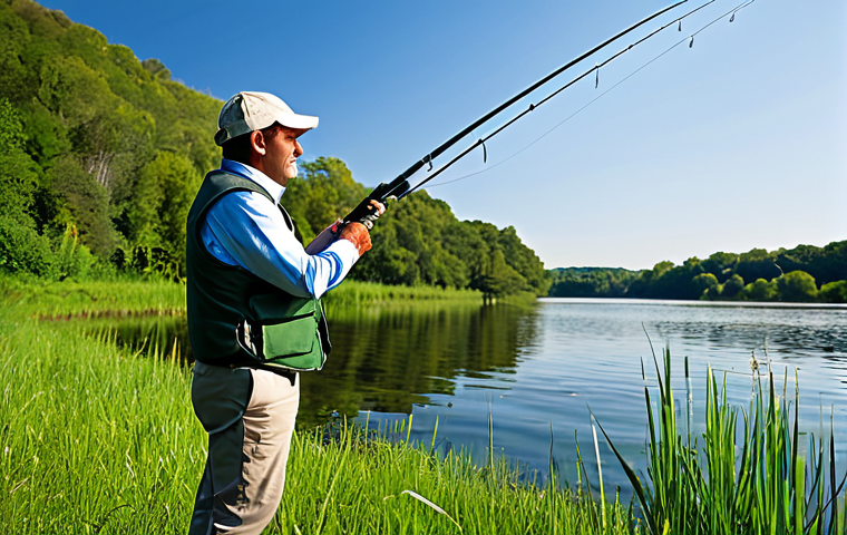 A professional angler, fully clothed in modest and appropriate fishing attire including a long-sleeved shirt and a fishing vest, standing on the serene green banks of a calm river or lake. The angler is gracefully casting a high-quality fishing rod. The background features lush, natural scenery with clear water reflecting the sky, evoking a peaceful atmosphere. The image emphasizes professional photography, ultra-realistic detail, sharp focus, and natural lighting. This is safe for work, appropriate content, fully clothed, modest, with perfect anatomy, correct proportions, a natural pose, well-formed hands, proper finger count, and natural body proportions.