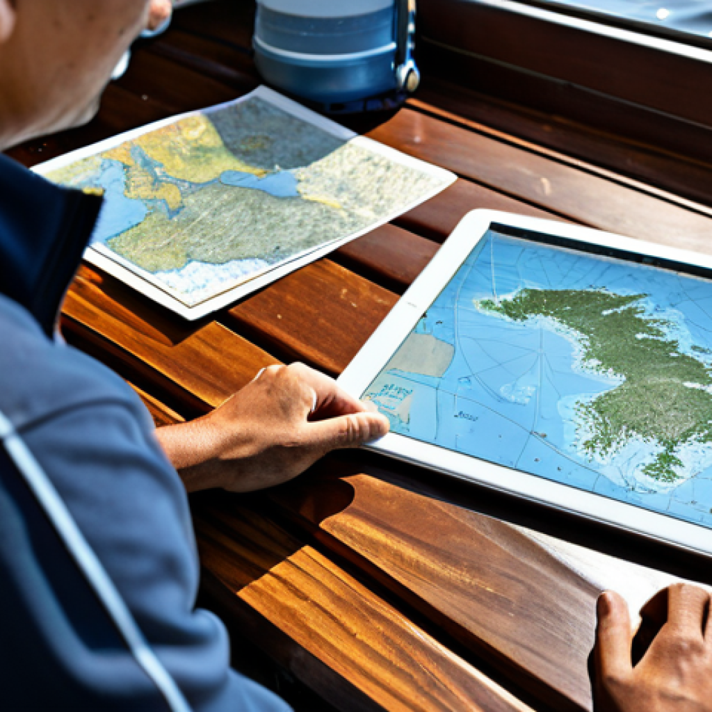 A professional adult Vietnamese angler, male, with a focused and determined expression, meticulously studying a detailed fishing map spread out on a wooden table. The map clearly displays intricate depth contour lines, symbols indicating submerged rocks, artificial reefs, and deep channels. Next to the paper map, a modern tablet or smartphone shows a digital version with real-time weather and tide information overlay. The angler is wearing modest, appropriate outdoor clothing, fully clothed. The setting is a well-lit, organized study or a boat's cabin, with a backdrop that suggests a passion for fishing. High-resolution, professional photography, perfect anatomy, correct proportions, well-formed hands, proper finger count, natural body proportions, natural pose, safe for work, appropriate content, family-friendly.