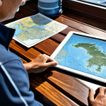 Home 13 A professional adult Vietnamese angler, male, with a focused and determined expression, meticulously studying a detailed fishing map spread out on a wooden table. The map clearly displays intricate depth contour lines, symbols indicating submerged rocks, artificial reefs, and deep channels. Next to the paper map, a modern tablet or smartphone shows a digital version with real-time weather and tide information overlay. The angler is wearing modest, appropriate outdoor clothing, fully clothed. The setting is a well-lit, organized study or a boat's cabin, with a backdrop that suggests a passion for fishing. High-resolution, professional photography, perfect anatomy, correct proportions, well-formed hands, proper finger count, natural body proportions, natural pose, safe for work, appropriate content, family-friendly.