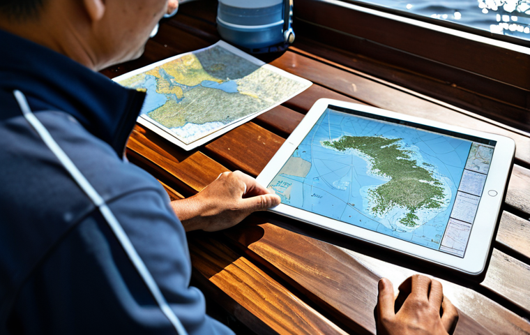 A professional adult Vietnamese angler, male, with a focused and determined expression, meticulously studying a detailed fishing map spread out on a wooden table. The map clearly displays intricate depth contour lines, symbols indicating submerged rocks, artificial reefs, and deep channels. Next to the paper map, a modern tablet or smartphone shows a digital version with real-time weather and tide information overlay. The angler is wearing modest, appropriate outdoor clothing, fully clothed. The setting is a well-lit, organized study or a boat's cabin, with a backdrop that suggests a passion for fishing. High-resolution, professional photography, perfect anatomy, correct proportions, well-formed hands, proper finger count, natural body proportions, natural pose, safe for work, appropriate content, family-friendly.