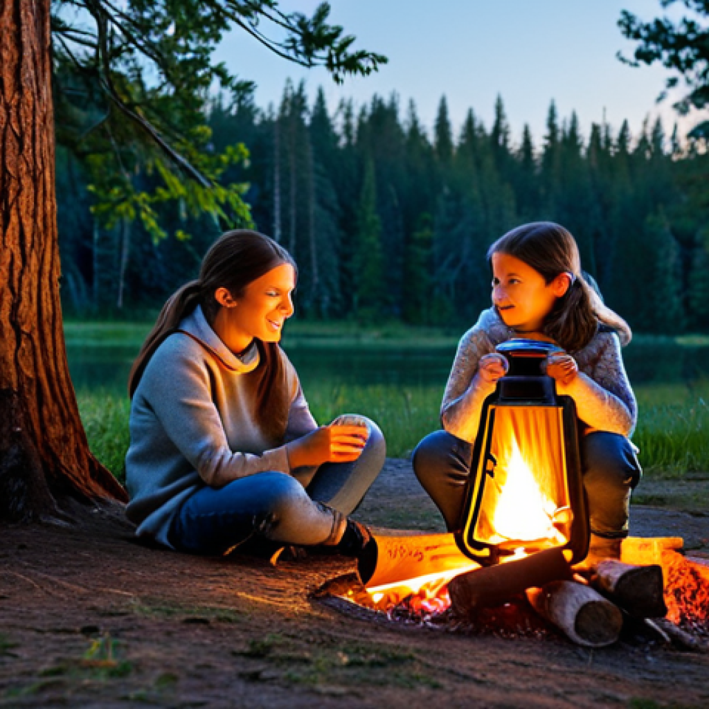 Cozy Camping Scene**
"A family-friendly camping scene at dusk. A fully clothed woman in a modest sweater and jeans is sitting by a campfire with two children in appropriate attire. A warm, golden light emanates from a lit lantern hanging from a nearby tree. Safe for work, appropriate content, perfect anatomy, correct proportions, natural pose, well-formed hands, proper finger count, natural body proportions, professional photography, high quality."
**
