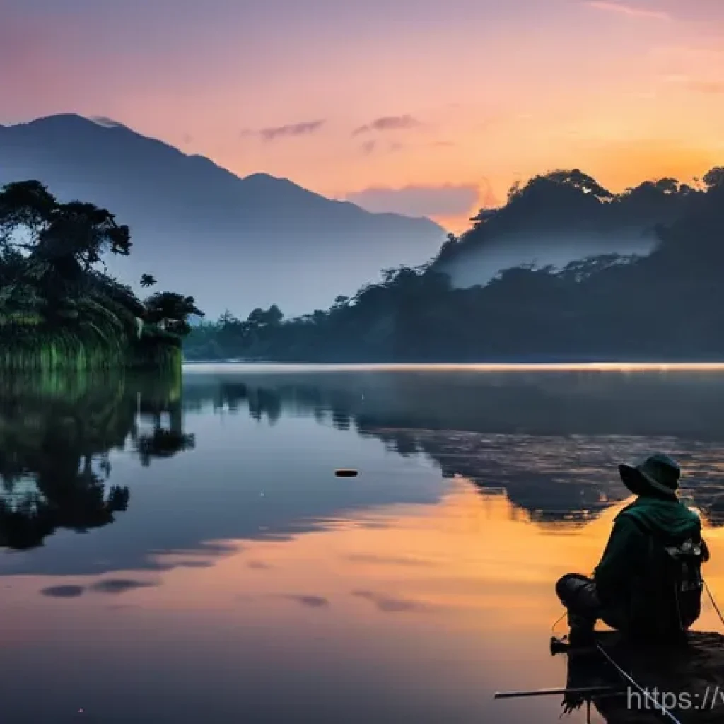 낚시를 테마로 한 국내 여행지 - **"A serene night fishing scene at Tri An Lake, Vietnam. A lone angler, dressed in comfortable outdo...