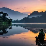 Home 11 낚시를 테마로 한 국내 여행지 - **"A serene night fishing scene at Tri An Lake, Vietnam. A lone angler, dressed in comfortable outdo...