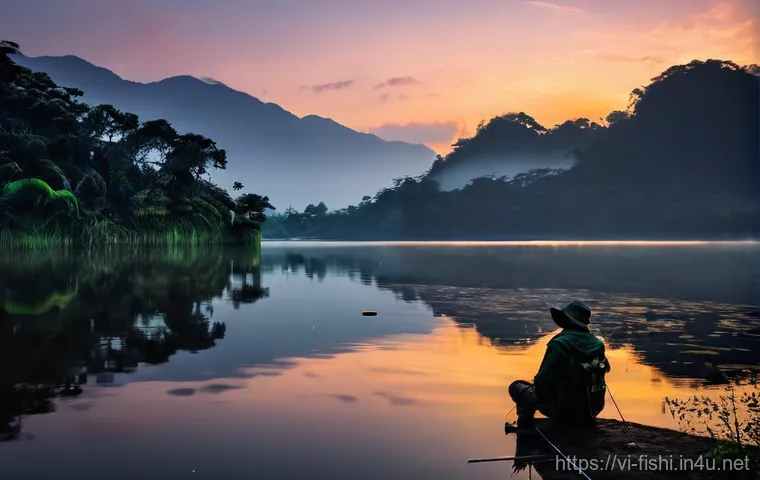 낚시를 테마로 한 국내 여행지 - **"A serene night fishing scene at Tri An Lake, Vietnam. A lone angler, dressed in comfortable outdo...