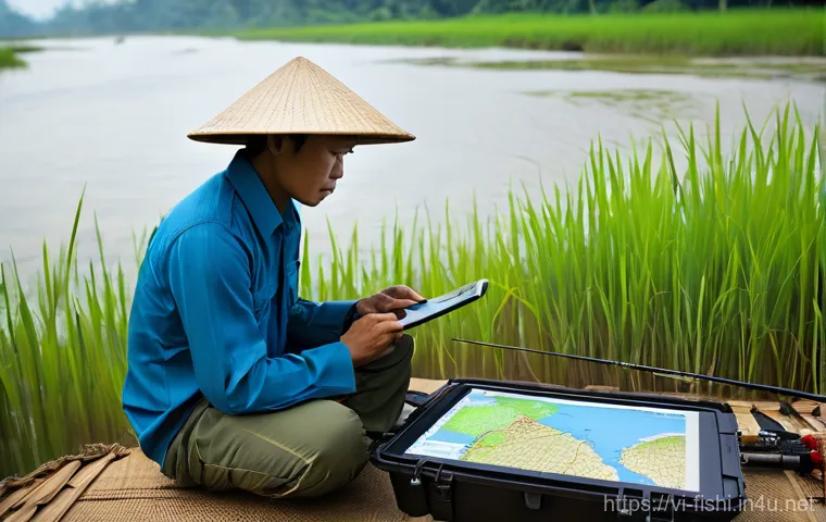 희귀 어종 낚시 성공 사례 - **Prompt:** A determined Vietnamese angler, wearing practical fishing attire (long-sleeved shirt, ha...