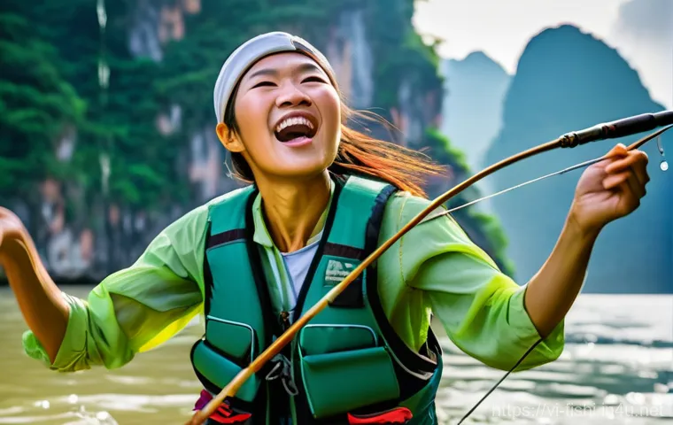 희귀 어종 낚시 성공 사례 - **Prompt:** A determined Vietnamese angler, wearing practical fishing attire (long-sleeved shirt, ha...