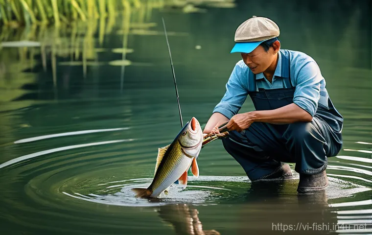 희귀 어종 낚시 성공 사례 - **Prompt:** An exhilarating action shot of a Vietnamese angler, a man or woman in their late 20s or ...