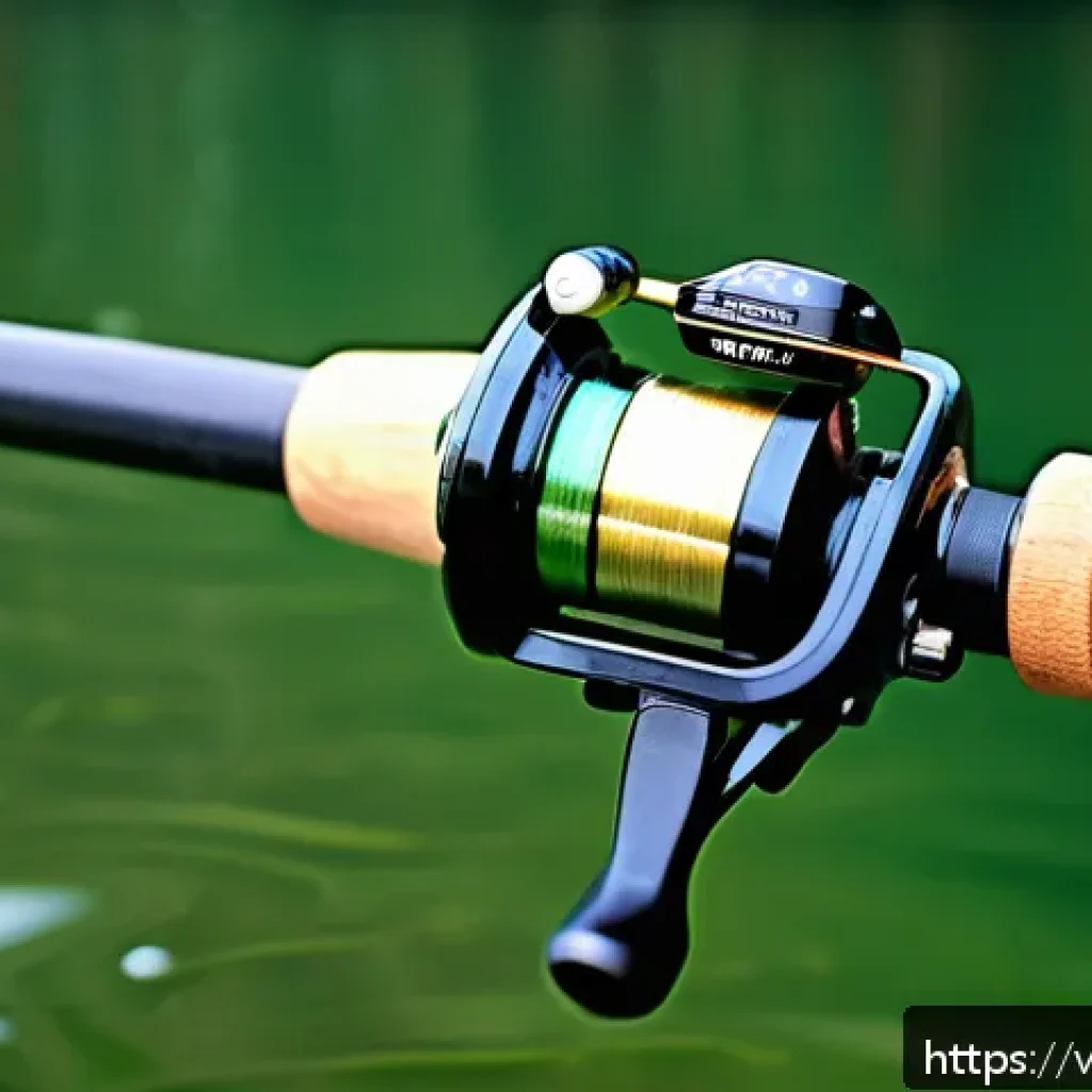 스피닝 릴 VS 베이트 릴 비교 - A detailed close-up of a modern spinning fishing reel attached to a fishing rod, showing the spool w...