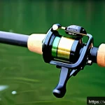 Home 14 스피닝 릴 VS 베이트 릴 비교 - A detailed close-up of a modern spinning fishing reel attached to a fishing rod, showing the spool w...
