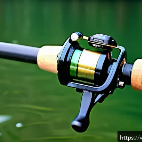 Home 8 스피닝 릴 VS 베이트 릴 비교 - A detailed close-up of a modern spinning fishing reel attached to a fishing rod, showing the spool w...