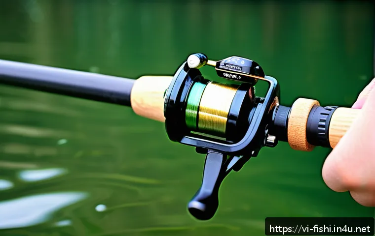 스피닝 릴 VS 베이트 릴 비교 - A detailed close-up of a modern spinning fishing reel attached to a fishing rod, showing the spool w...