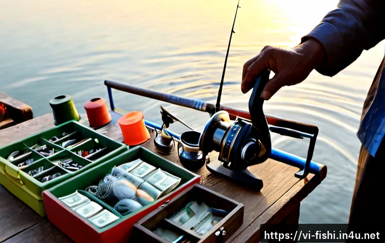 Home 11 낚시 중고 장비 구입 요령 - Photorealistic Vietnamese riverside secondhand fishing gear market, a careful middle-aged angler ins...