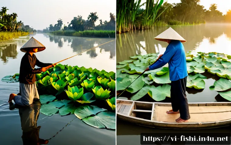 낚시 기법별 성공 확률 비교 - Photorealistic split-scene comparison of fishing techniques on a calm Mekong Delta river at sunrise:...