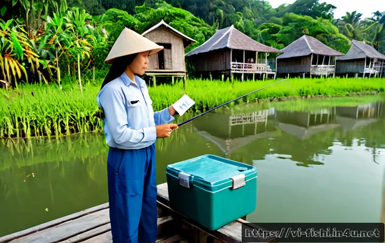 Home 15 낚시 면허 필요 여부 - Photorealistic Vietnamese freshwater fishing scene at a calm rural lake, an adult angler in a sun ha...