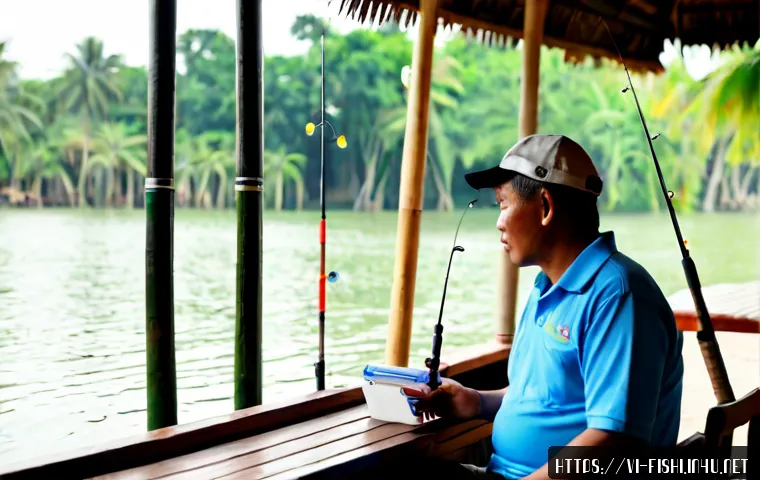 Home 17 낚시터 추천 앱 소개 - Photorealistic Vietnamese recreational fishing app concept, a middle-aged Vietnamese angler seated a...